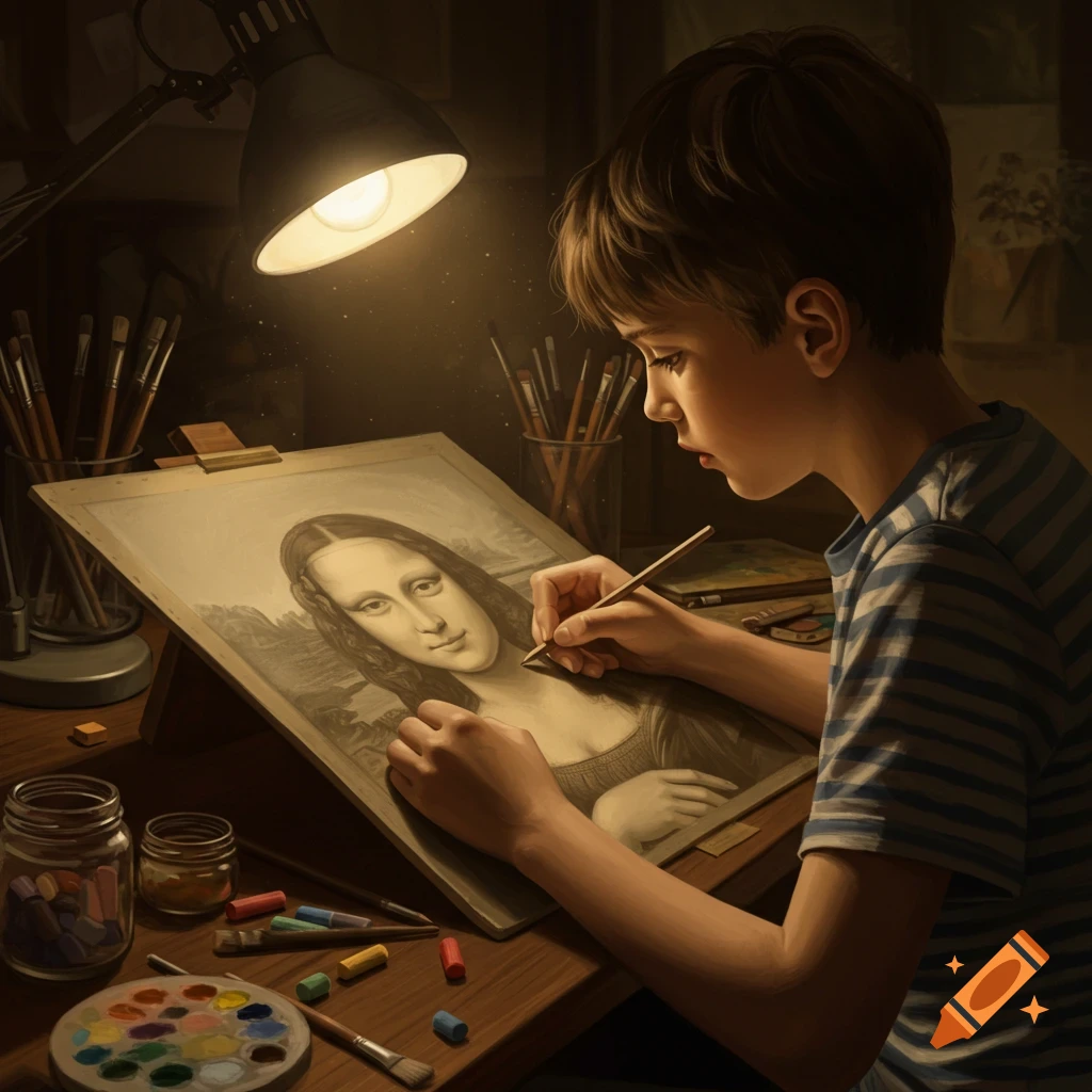 A young boy with brown hair and a striped shirt draws a black and white portrait of the Mona Lisa under a desk lamp.