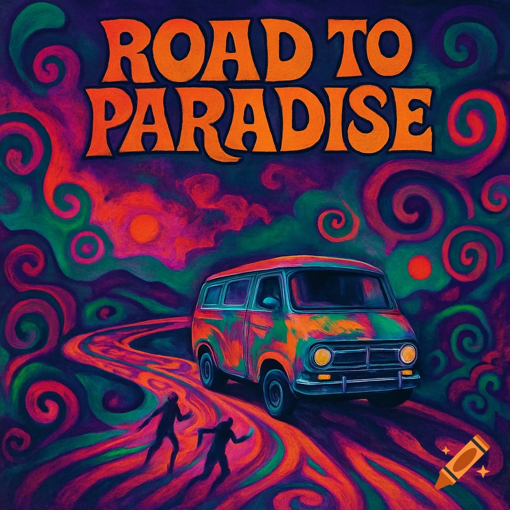 Psychedelic art with a colorful van, two figures on a winding road, and 'ROAD TO PARADISE' text against a vibrant, swirling sky.