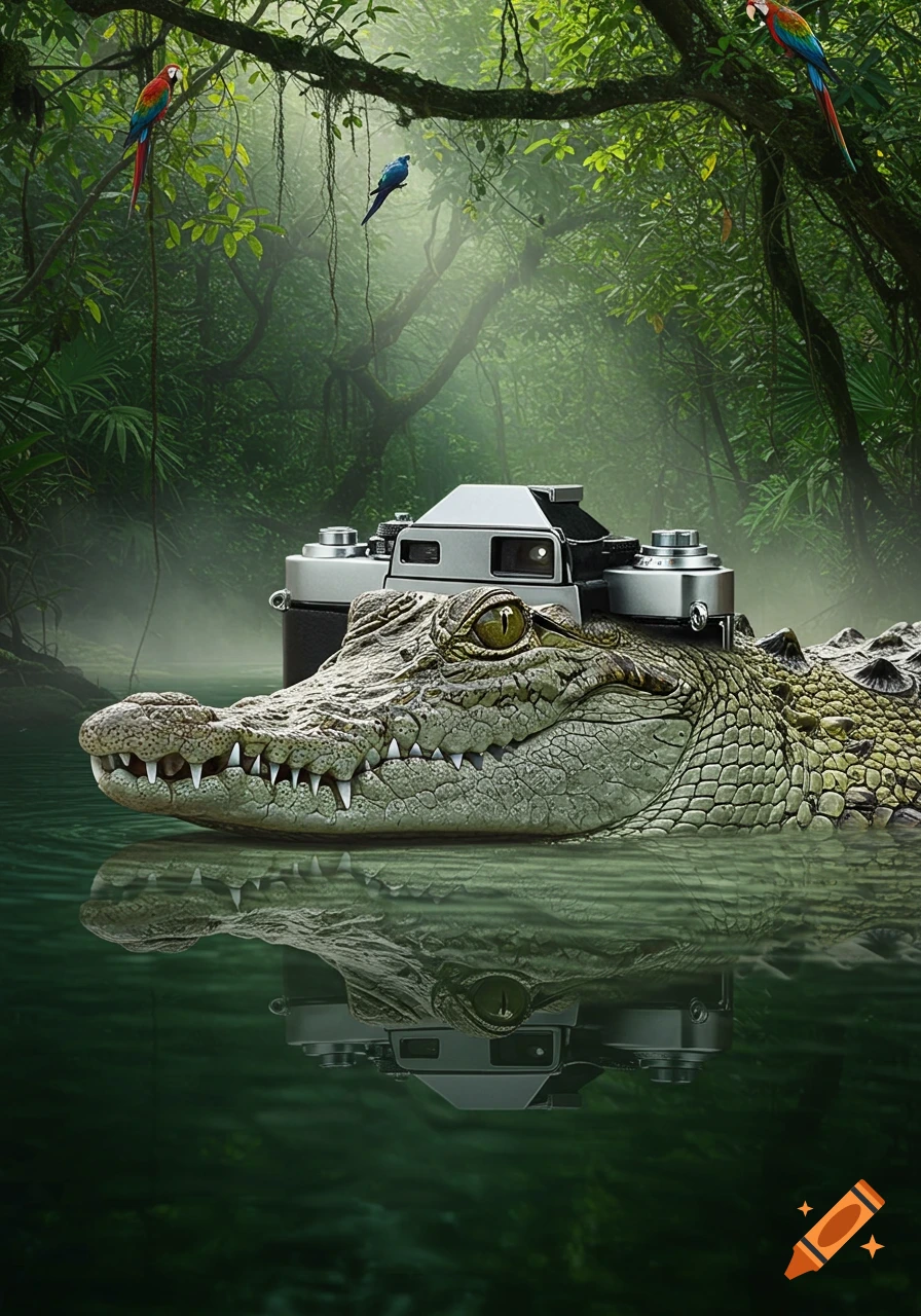 A photorealistic crocodile with a vintage camera on its head is partially submerged in jungle water with parrots in trees.