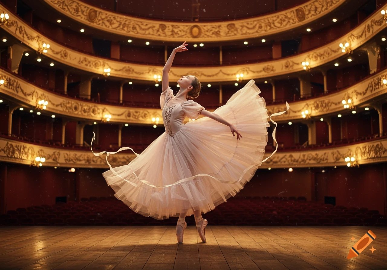 A ballerina in a flowing white tutu poses gracefully on a wooden stage in a grand, ornate theater.