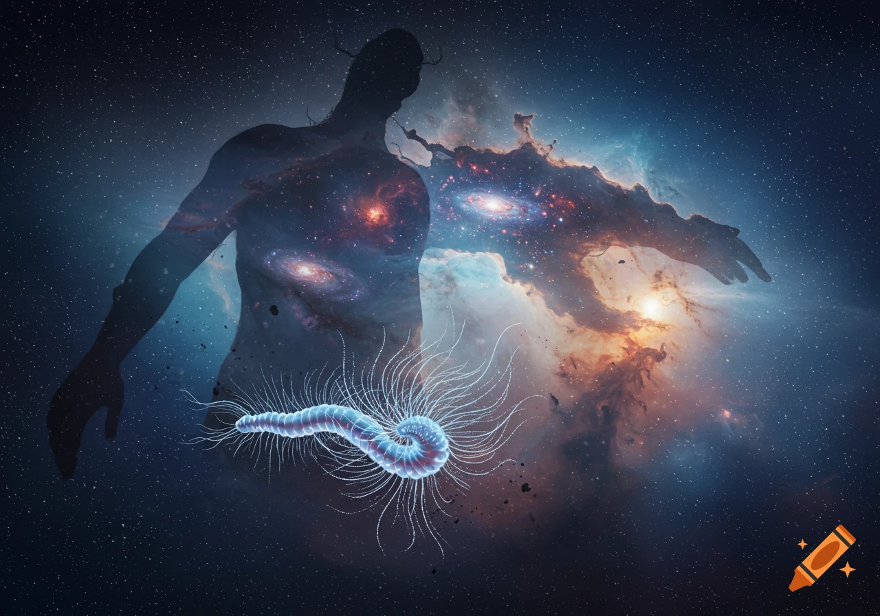 A cosmic human silhouette composed of galaxies and nebulae, with a glowing, microscopic worm-like creature in the starry foreground.