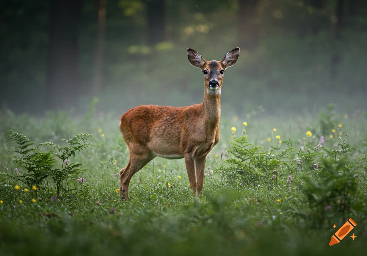 A photorealistic doe stands in a misty forest clearing surrounded by ferns and wildflowers.
