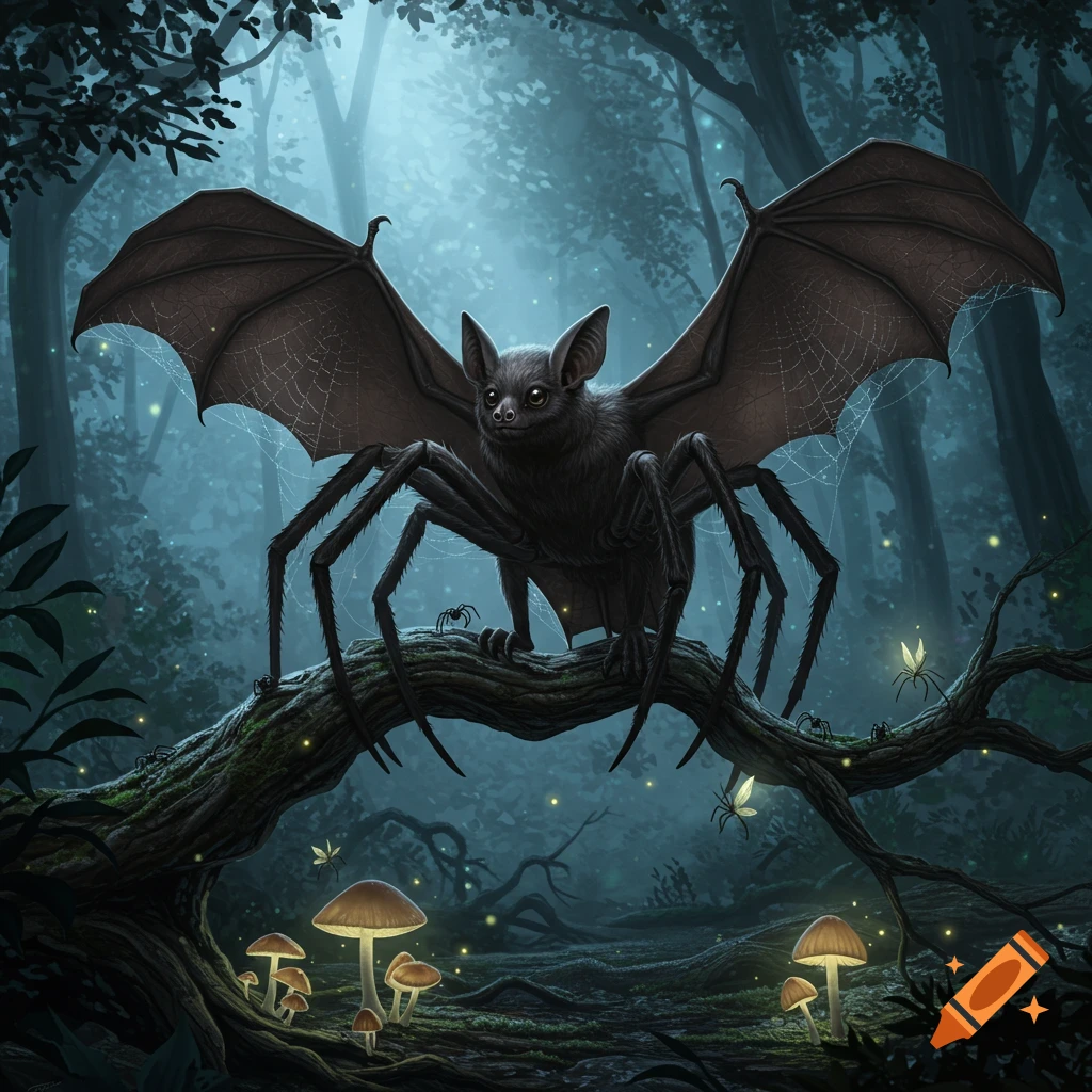 A furry bat-spider creature with large wings perches on a mossy branch in a dark, misty fantasy forest with glowing mushrooms and fireflies.