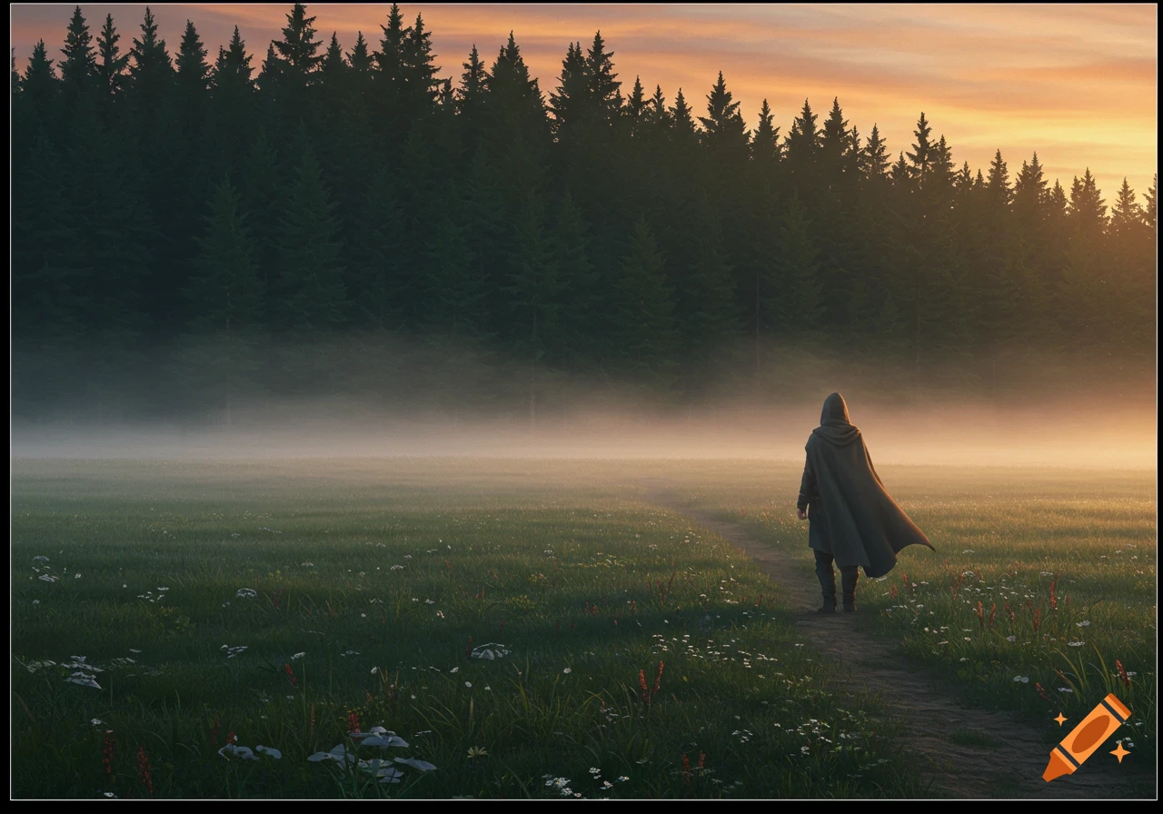 A lone hooded figure walks on a path through a misty field towards a dark forest under a dramatic sunset sky.
