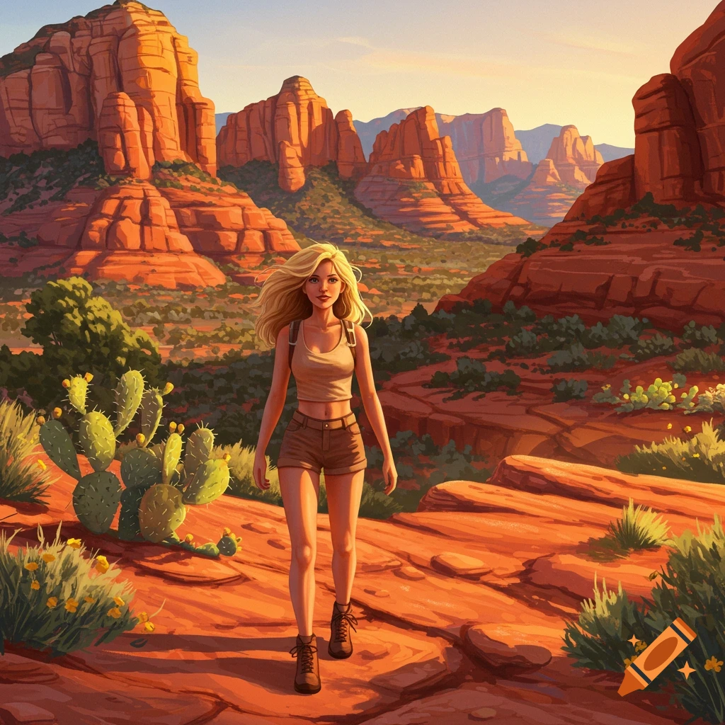 A blonde woman in a tank top and shorts hikes through a vibrant red rock desert landscape with cactuses under a bright sky, in an illustrative style.