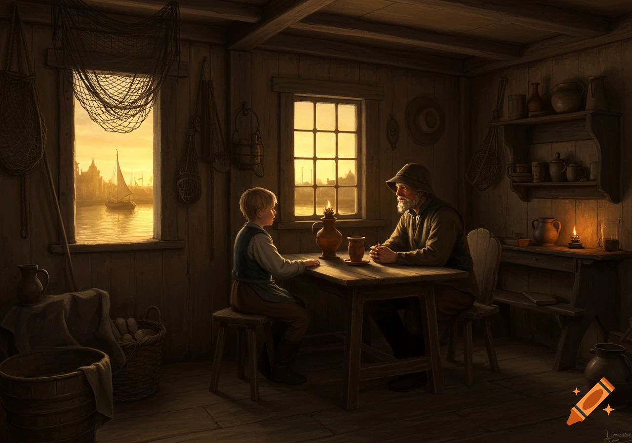 An old fisherman and a young boy sit at a rustic table, bathed in golden light from windows overlooking a harbor with a sailboat.