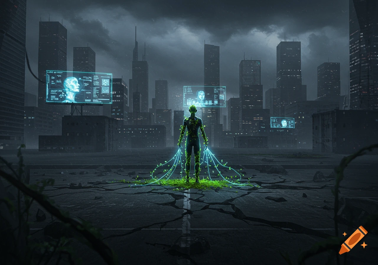 A glowing humanoid figure with green vines stands in a dark, rainy cyberpunk city with holographic screens and cracked ground.