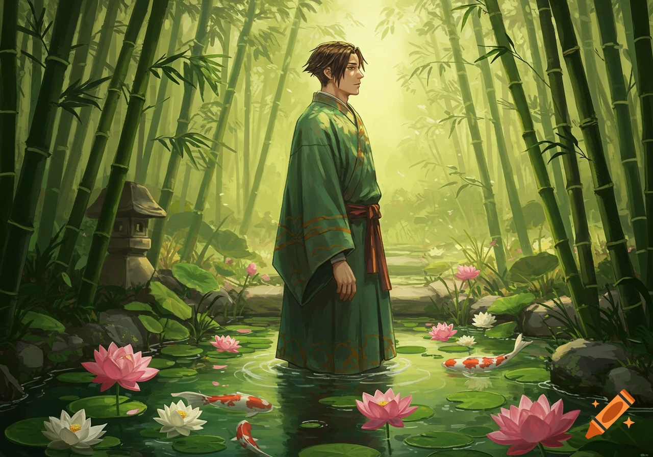 An anime man in a green kimono stands in a pond with lotus flowers and koi fish, surrounded by a bamboo forest.