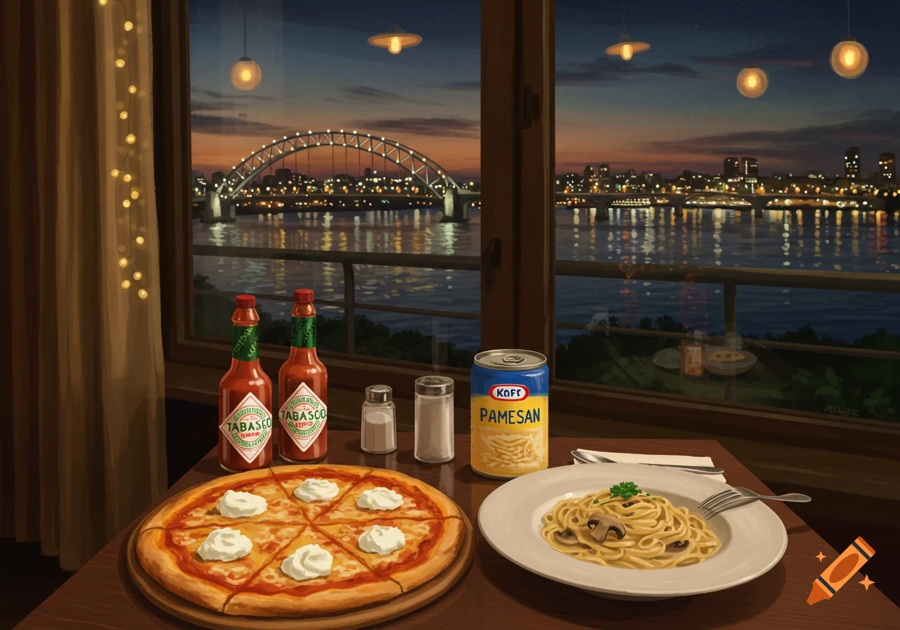 A cozy restaurant table by a window at dusk with pizza, pasta, hot sauce, and cheese. A lit bridge over a river and city lights outside.