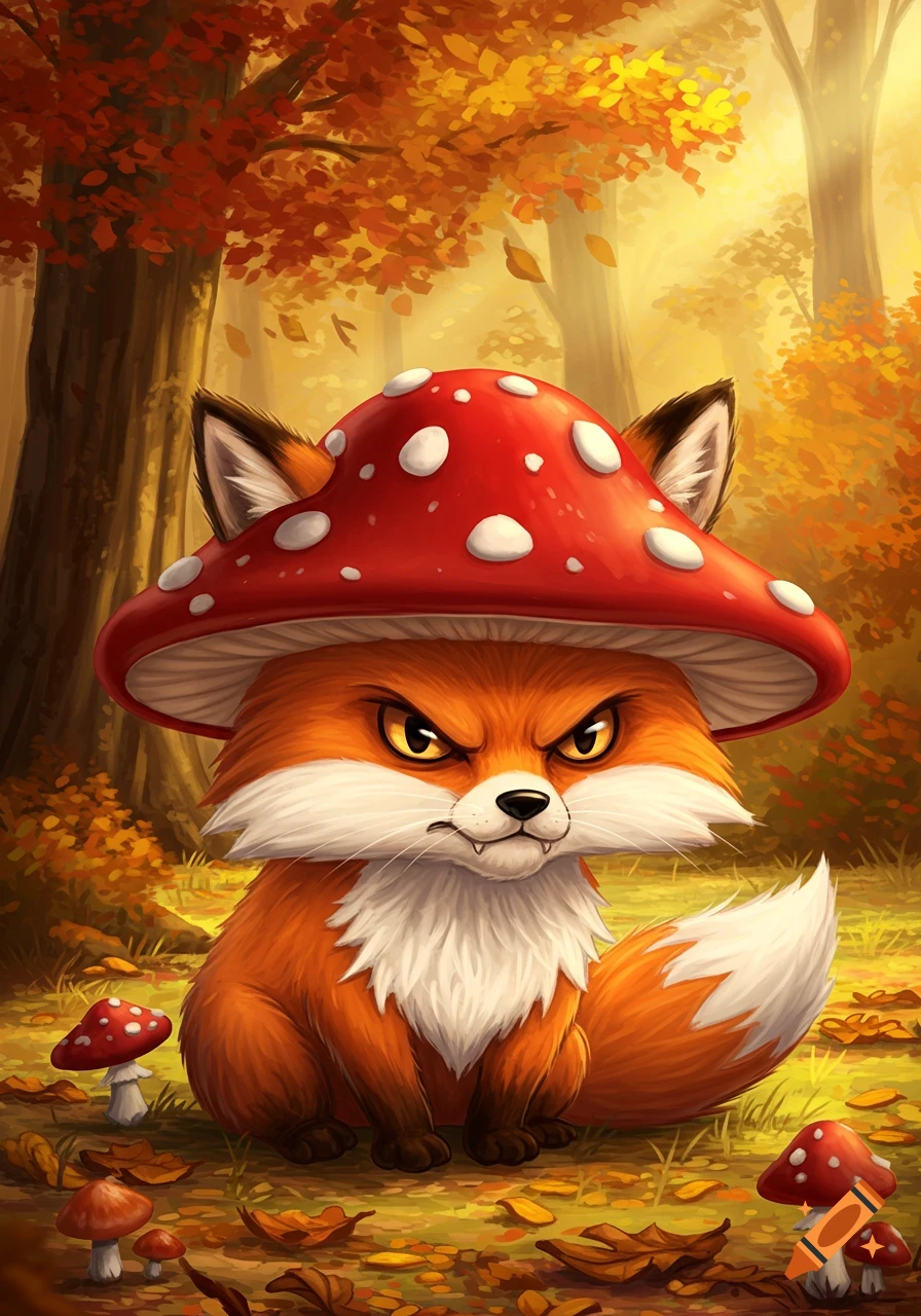 An angry-looking cartoon fox with a red and white spotted mushroom hat sits in an autumn forest among fallen leaves and small mushrooms.