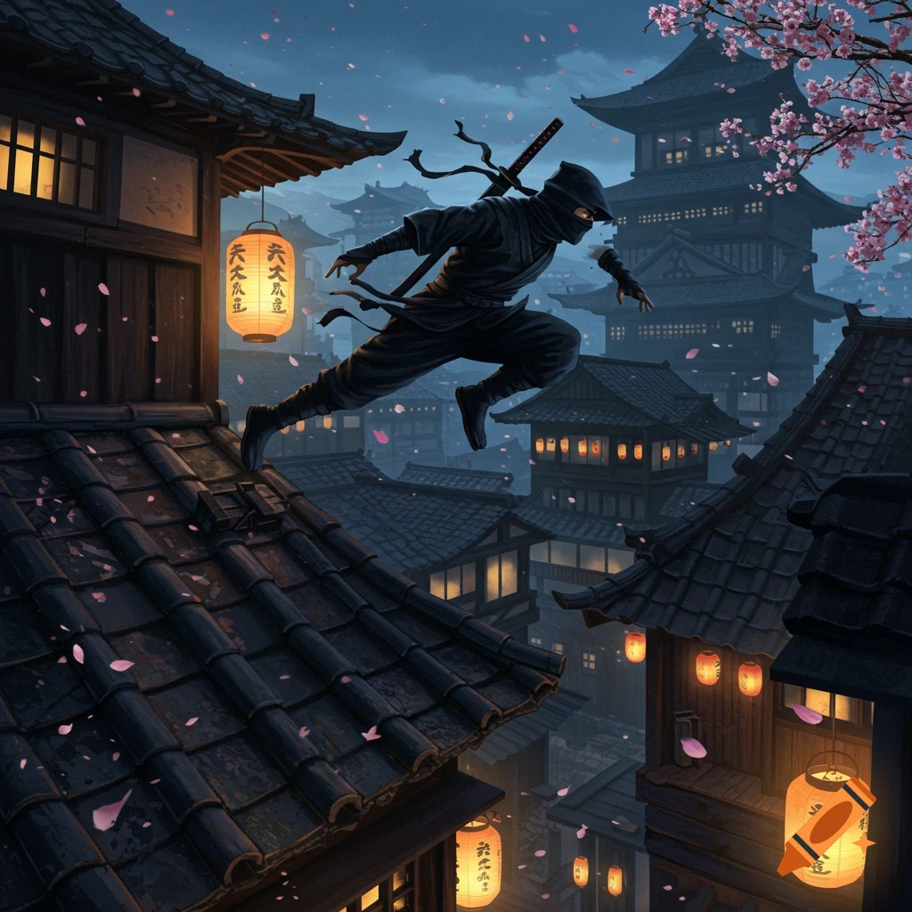 A ninja leaps between traditional Japanese rooftops at night, surrounded by glowing lanterns and falling cherry blossoms.