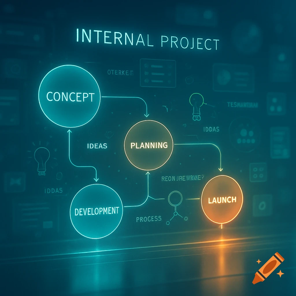 A glowing futuristic diagram for an internal project, showing concept, planning, development, and launch stages.