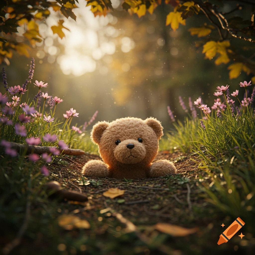 A cute fluffy brown teddy bear peeks out of a hole in a sun-dappled forest floor surrounded by purple flowers and green grass.