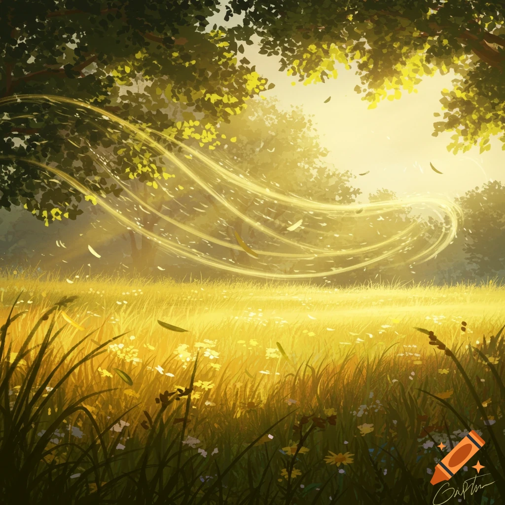 A vibrant illustration of a sunlit field with trees, golden wind, and falling leaves.