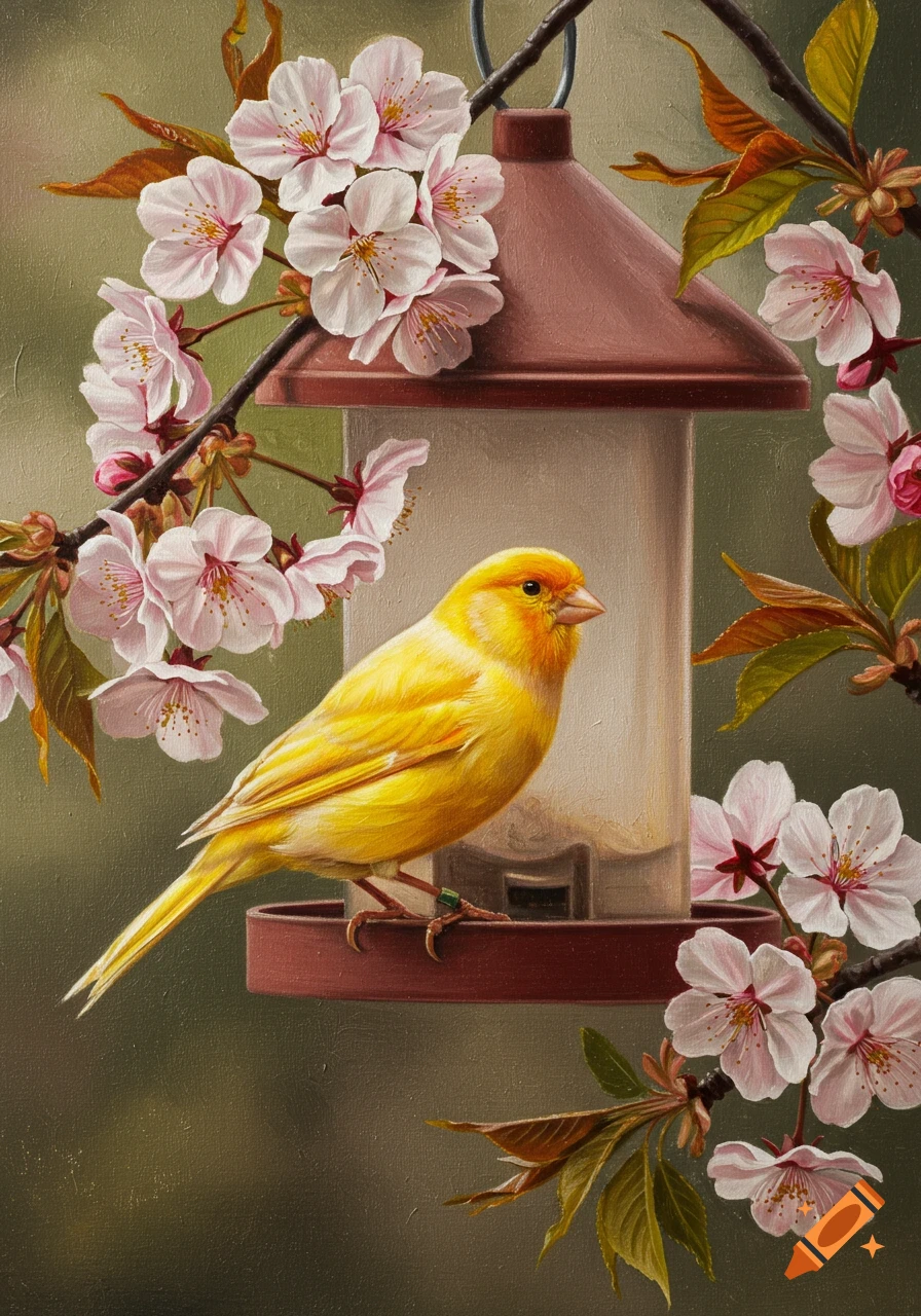 A vibrant yellow canary perches on a bird feeder, surrounded by delicate pink and white cherry blossoms, depicted in a photorealistic oil painting style.