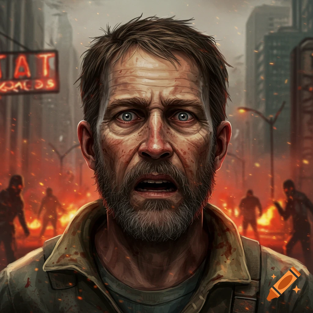A shocked, weathered man with a beard and bloodstains on his face, in a fiery, zombie-infested city.