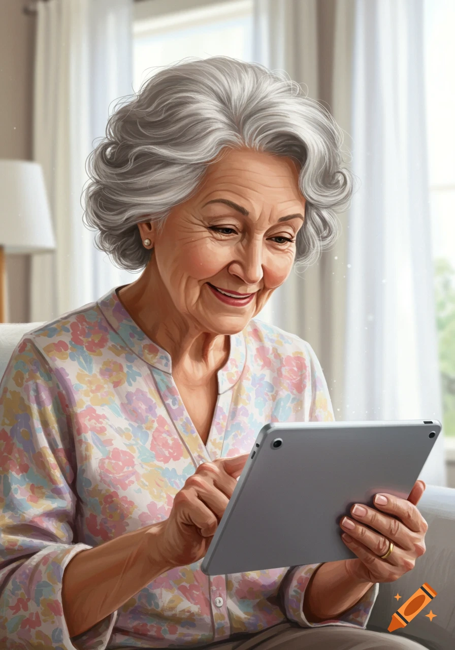 A smiling elderly woman with grey hair uses a tablet, digitally illustrated with a bright background.