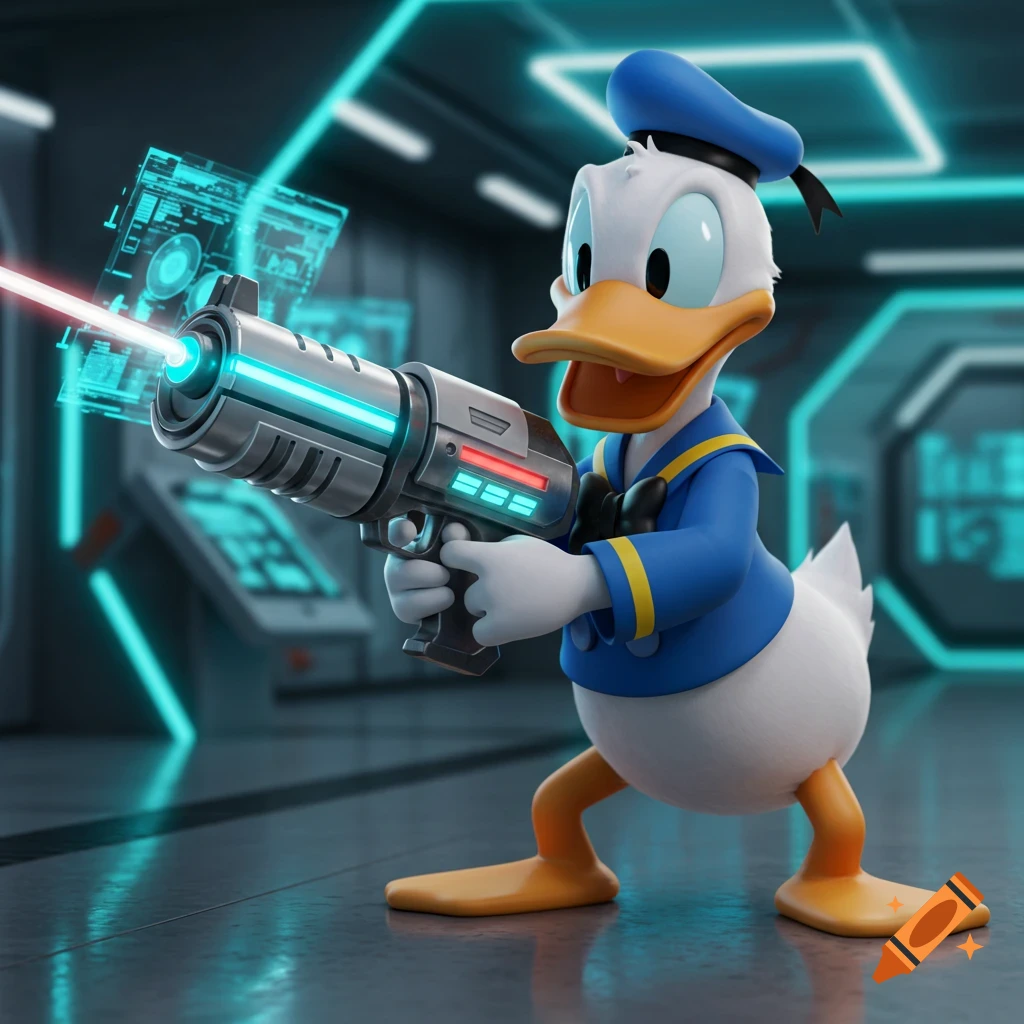 Donald Duck in a blue sailor suit holds a glowing laser gun in a futuristic, neon-lit room.