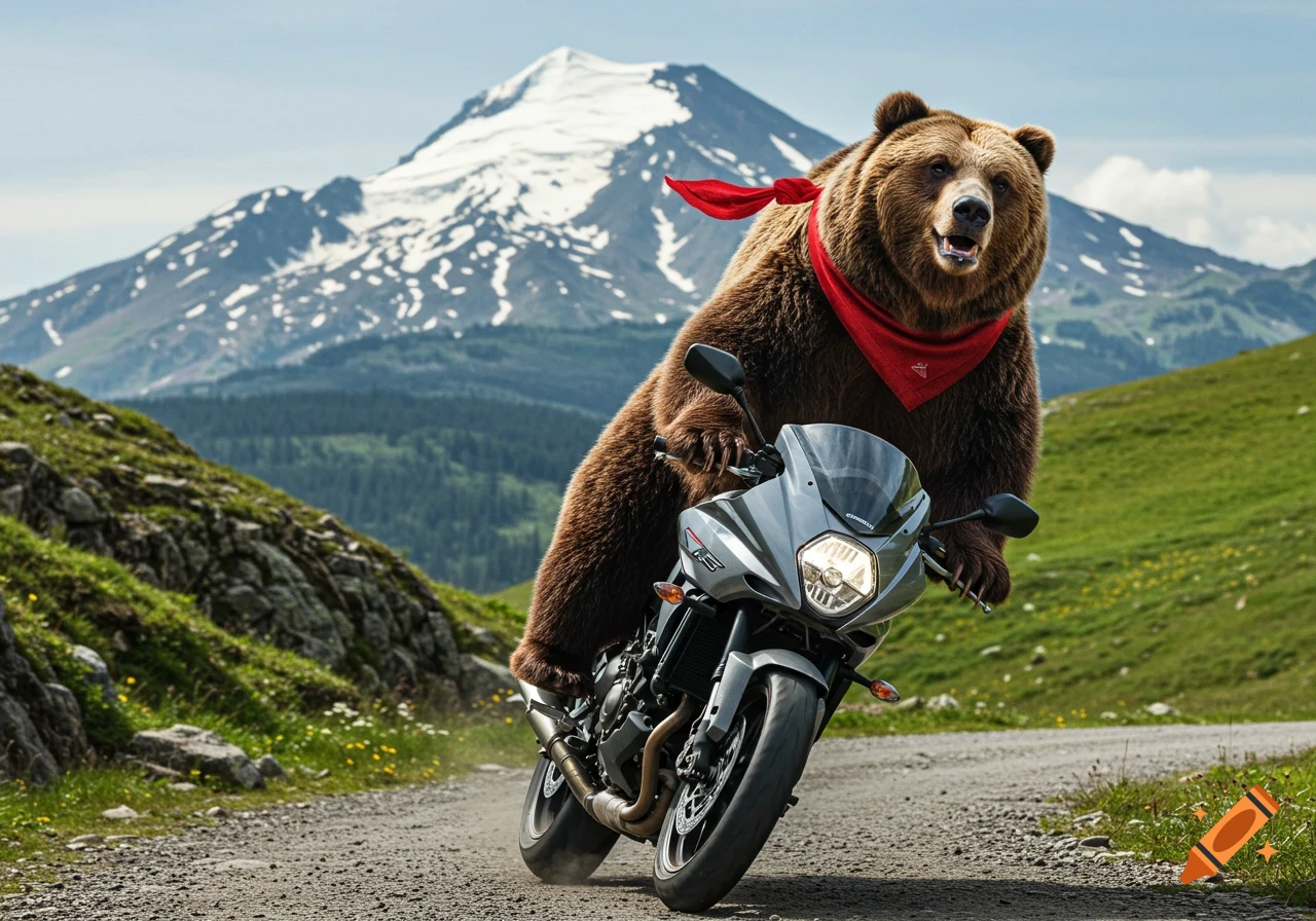 Photorealistic brown bear in a red scarf rides a gray motorcycle on a dirt road, snowy mountains in the background.