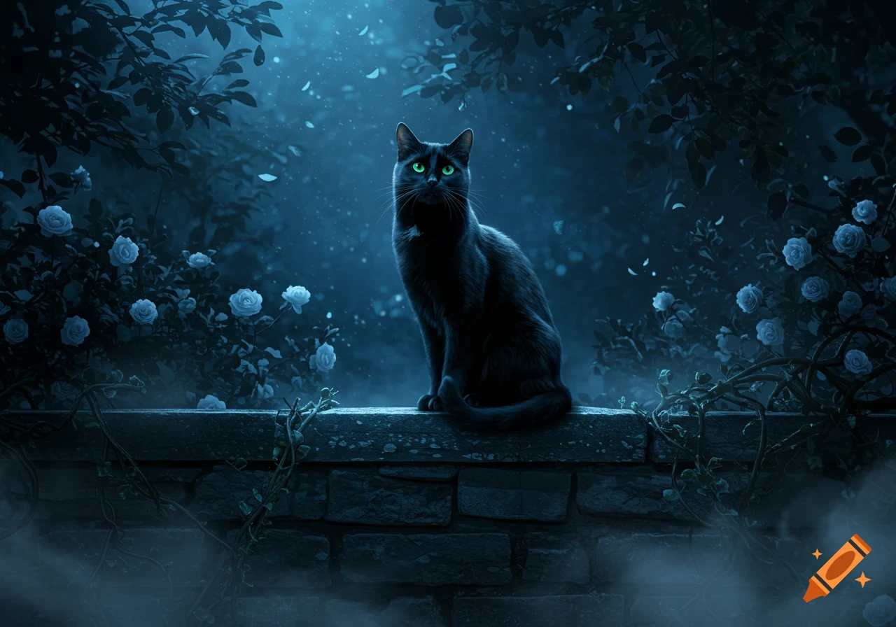 A black cat with glowing green eyes sits on a stone wall in a moonlit, misty garden with white roses and dark foliage.