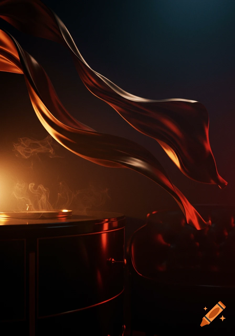 Flowing dark, glossy fabric with golden and red highlights against a dark, smoky background, conveying a luxurious, abstract mood.