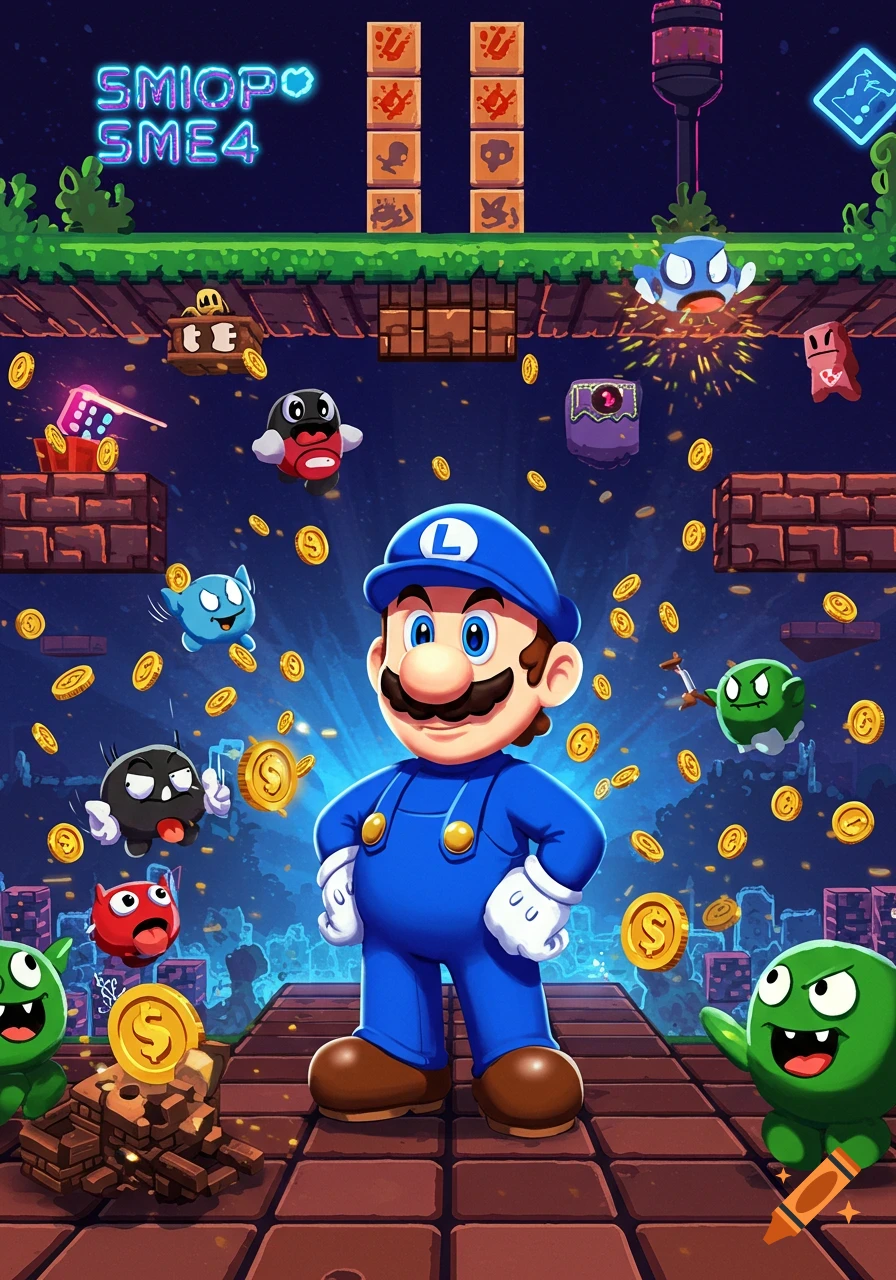 A blue-clad character resembling Mario with an 'L' on his cap stands confidently in a vibrant, coin-filled video game world with various cartoon monsters and brick platforms.