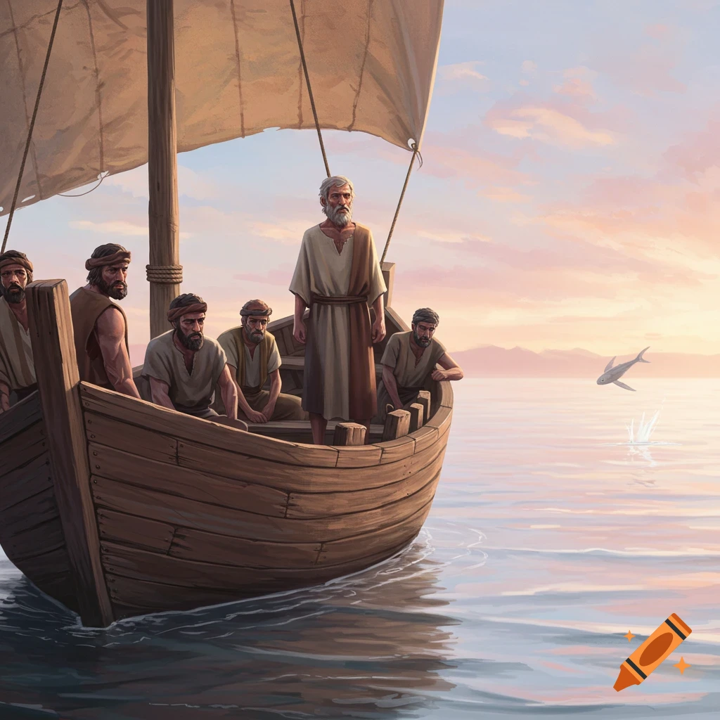 A stylized painting of ancient men on a wooden sailboat on calm water, with a fish jumping out of the sea under a colorful sunset sky.