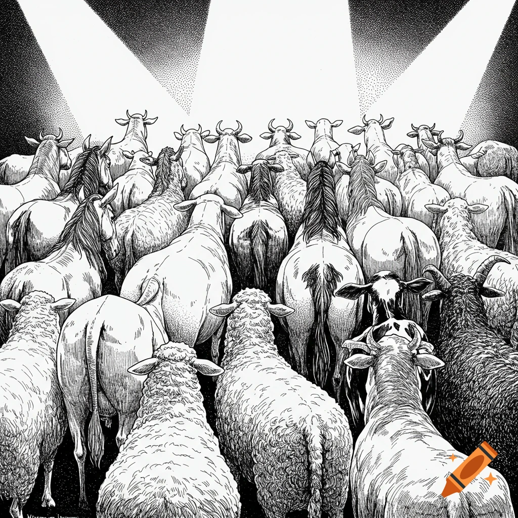 A black and white drawing of a crowd of sheep, cows, goats, and horses from behind, looking up at a spotlighted stage.