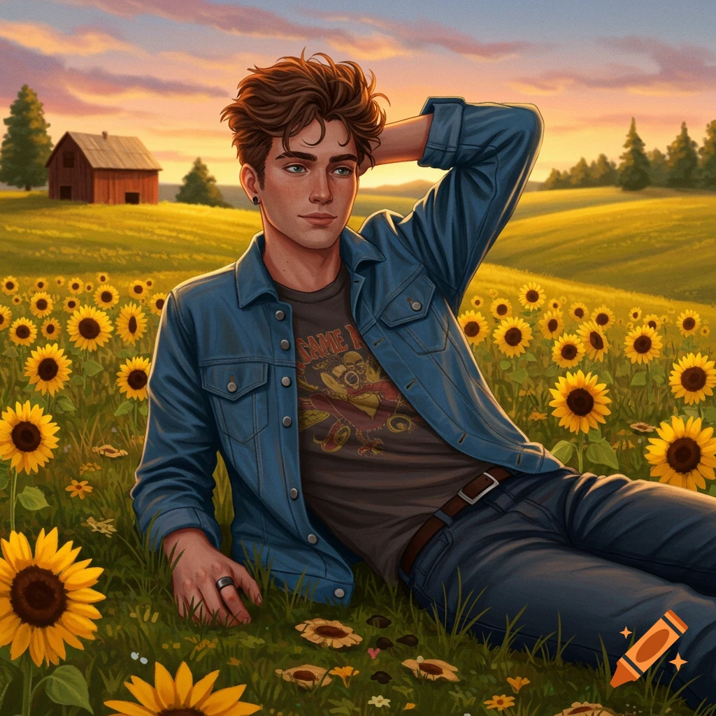 A young man with brown hair and a denim jacket lies in a sunflower field at sunset, with a red barn in the background, digital illustration.