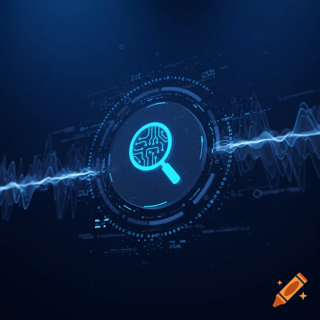 A glowing blue digital magnifying glass with circuit patterns, surrounded by a tech interface and blue data waves on a dark background.