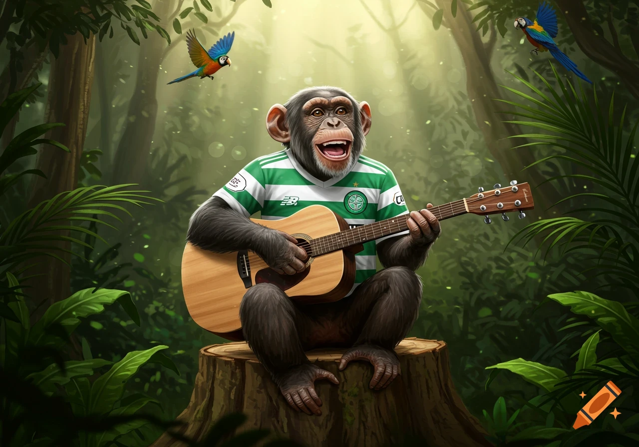 A happy chimpanzee wearing a green and white striped football shirt plays an acoustic guitar while sitting on a tree stump in a lush jungle with two colorful parrots flying overhead.