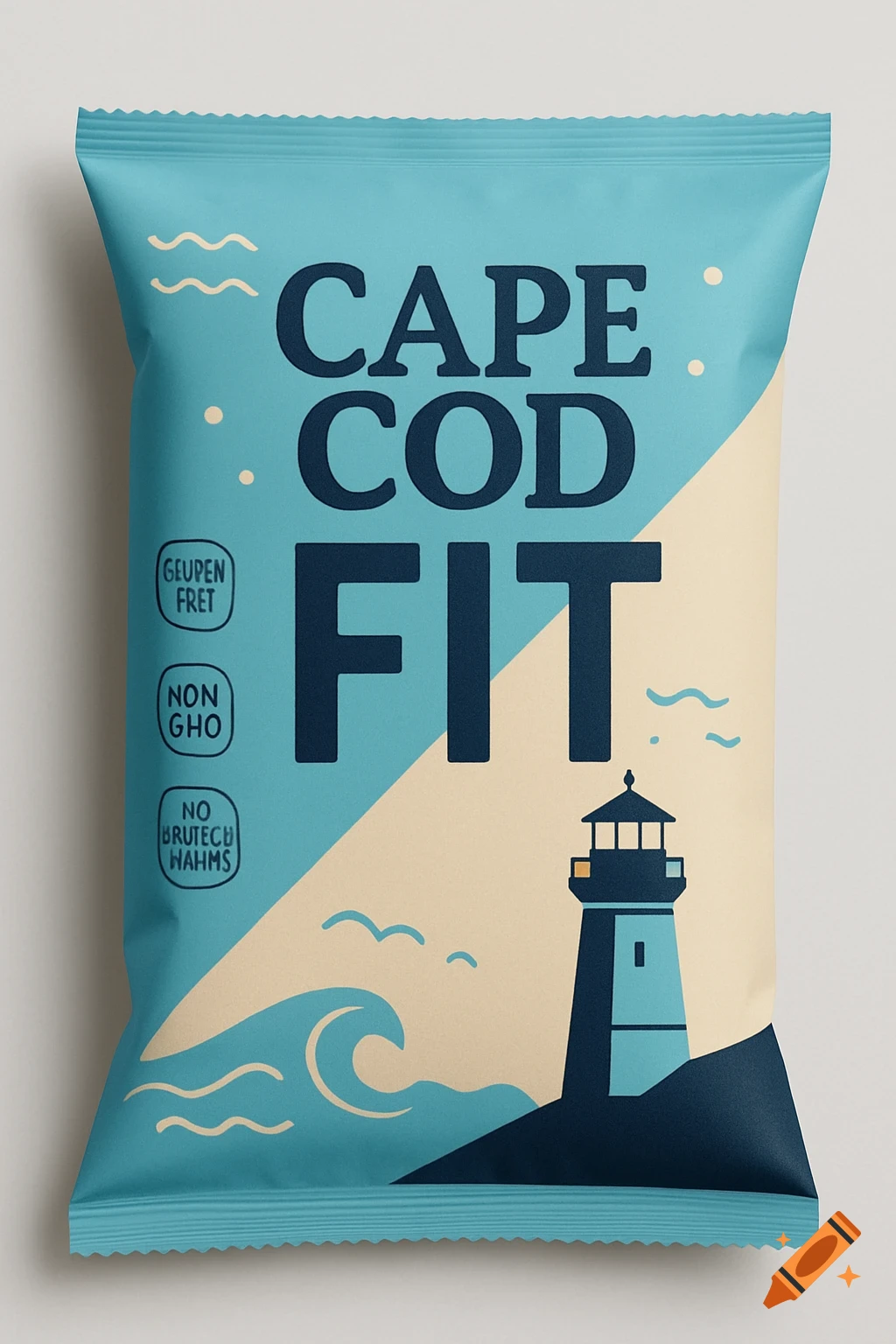A modern chip bag for Cape Cod FIT chips with a diagonal blue and tan design, featuring a lighthouse and ocean waves.