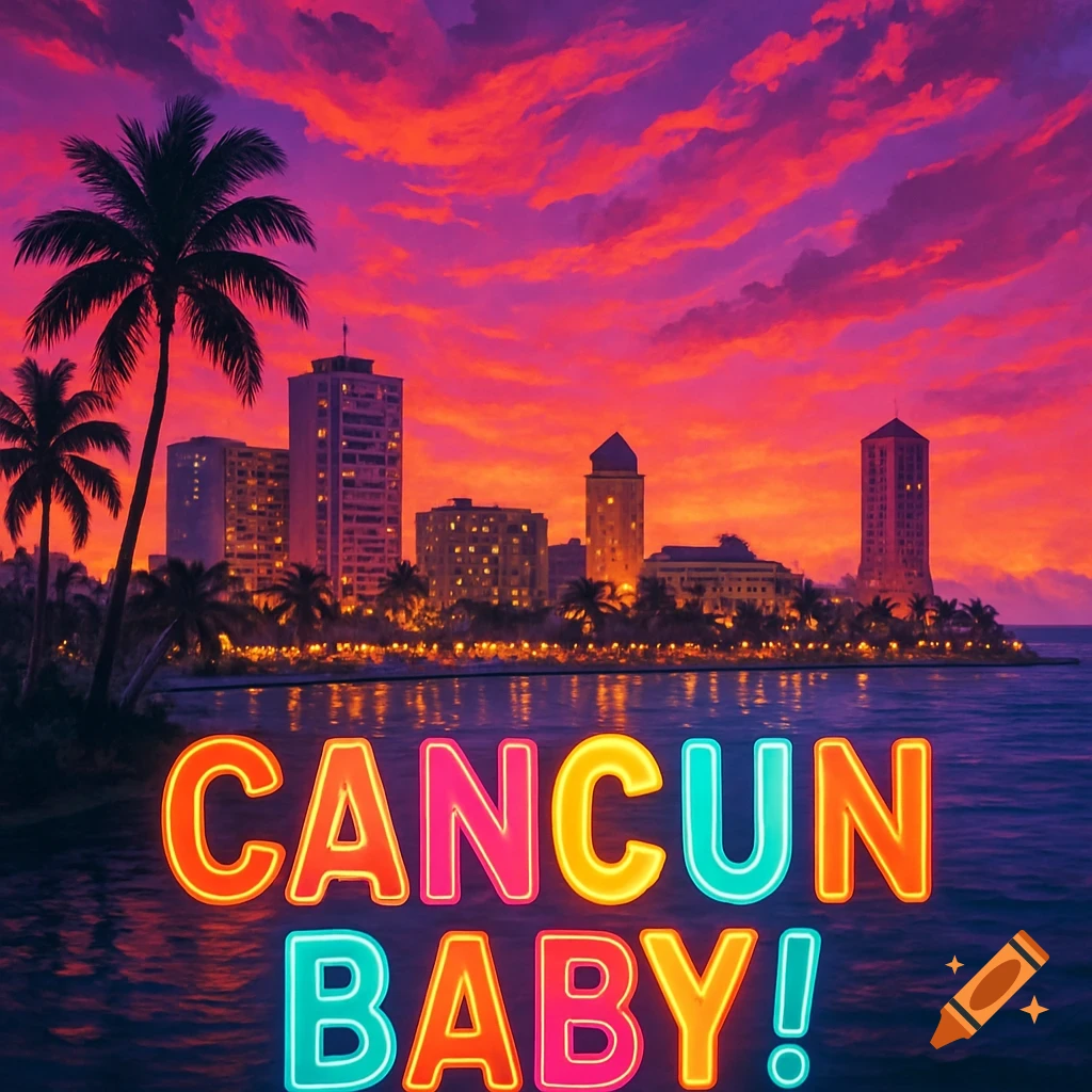 Neon text "CANCUN BABY!" over a tropical cityscape with palm trees and a vibrant red and purple sunset reflected in the water.