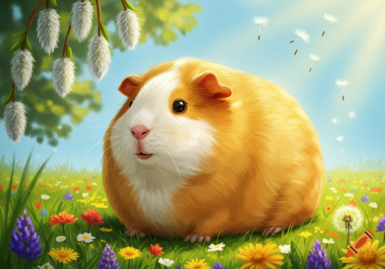 A very fluffy, round, orange and white guinea pig sits in a field of colorful wildflowers under a bright blue sky.