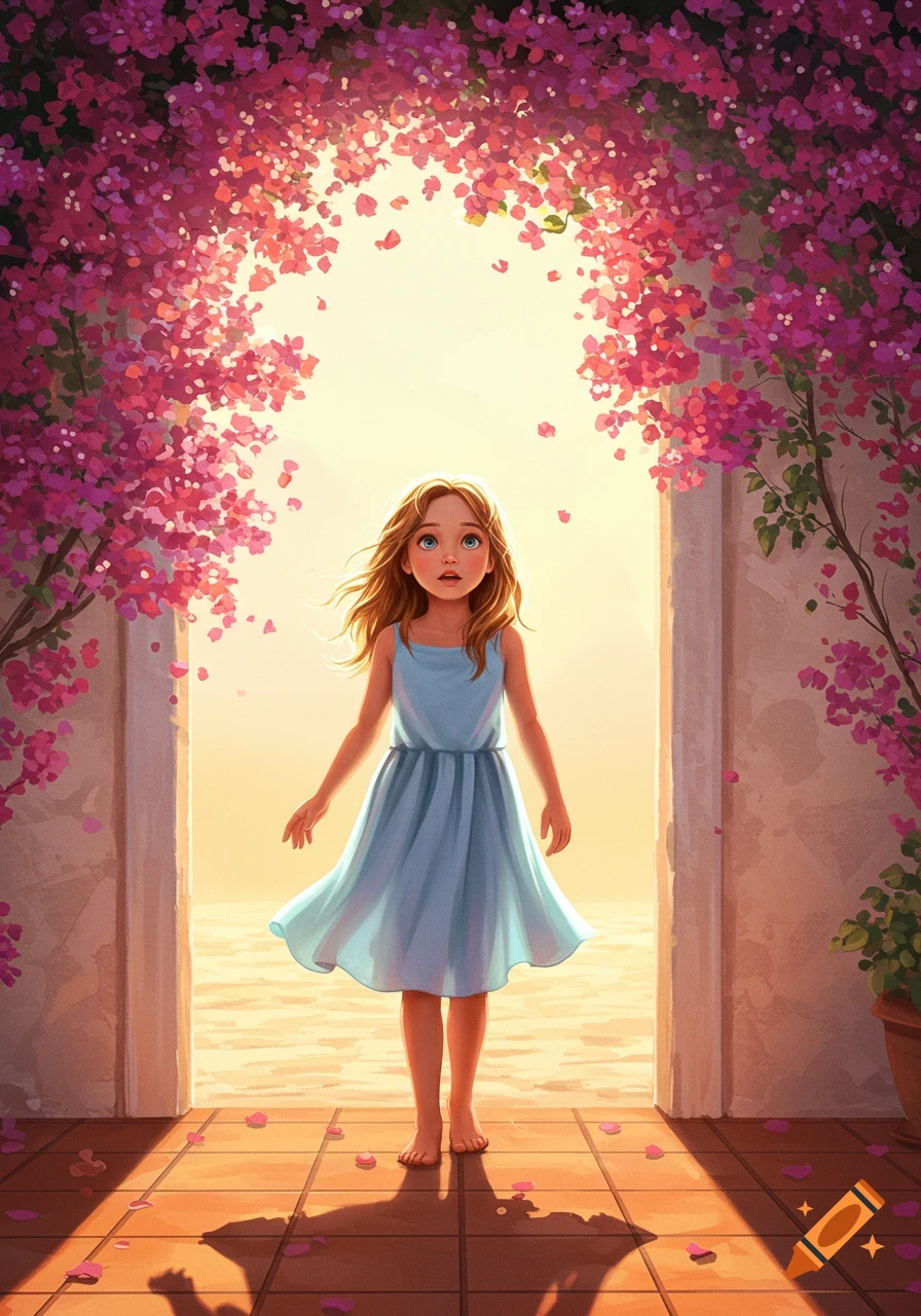 A young girl in a blue dress stands barefoot under an arch of pink flowers, looking up towards a bright light. Illustration.