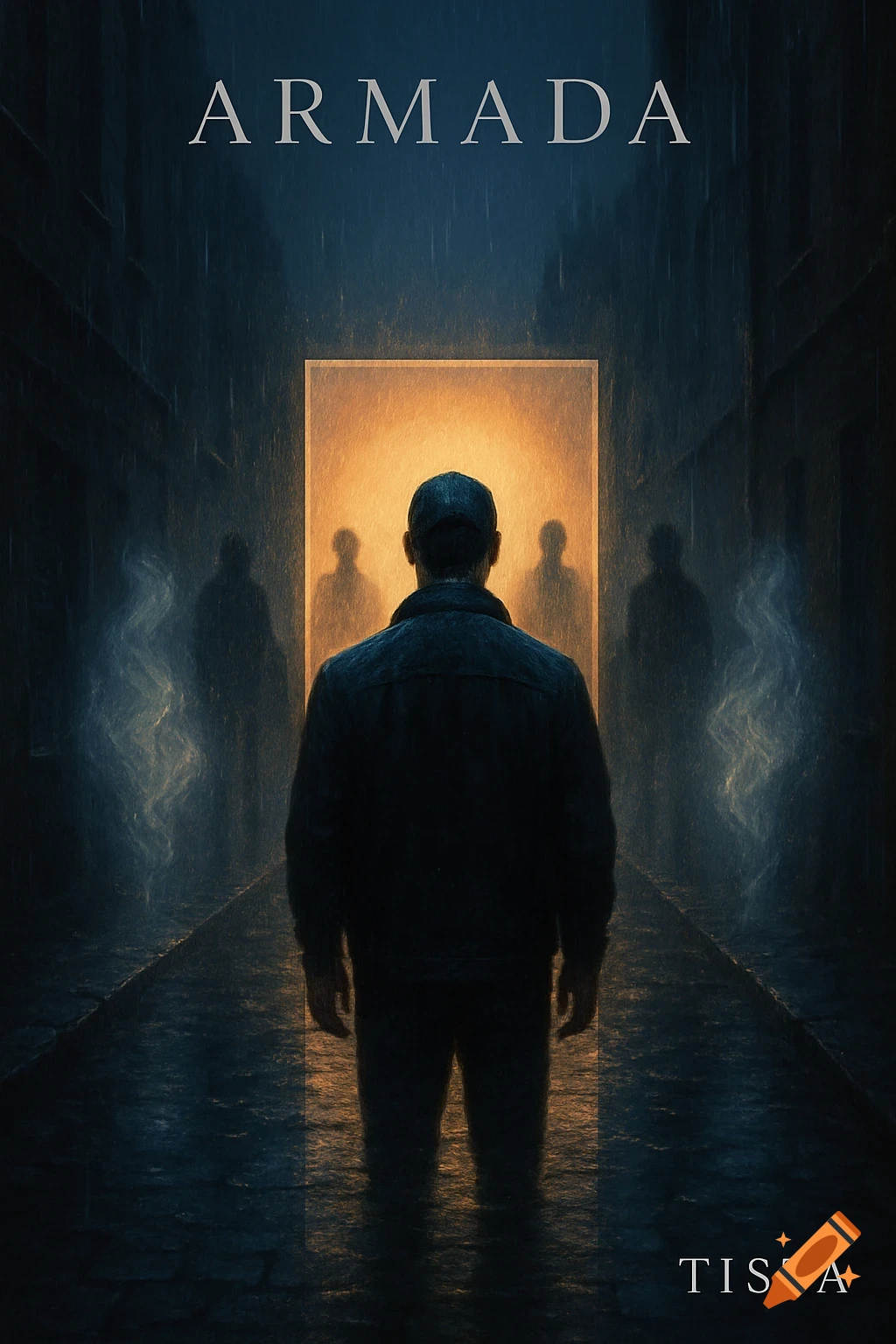 A man in a dark, rainy alley faces a glowing golden portal. Silhouettes and mist are visible around him, with "ARMADA" and "TISTA" text.