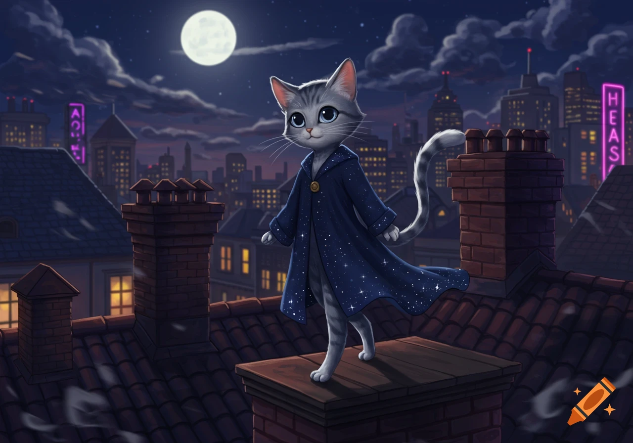 A grey tabby cat in a starry blue cloak stands on a rooftop at night, overlooking a city skyline under a full moon.