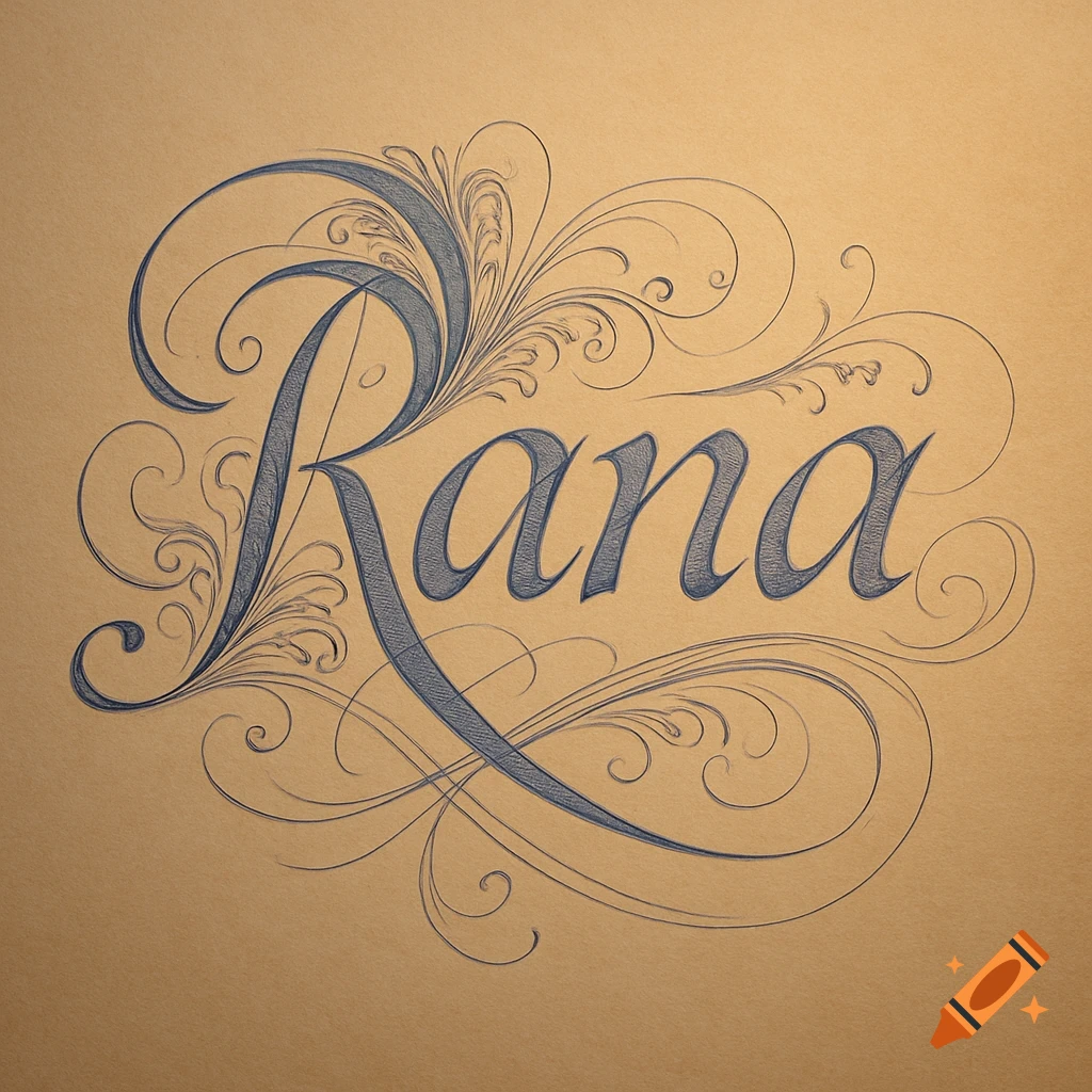Blue calligraphic script spelling 'Rana' with ornate flourishes on a warm brown background.