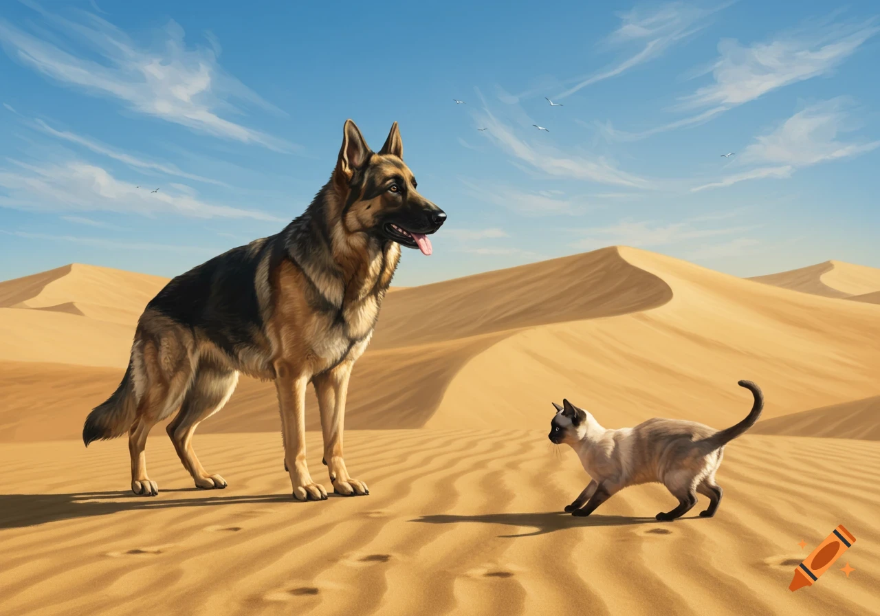 A realistic illustration of a German Shepherd dog and a Siamese cat facing each other in a desert with sand dunes and a blue sky.