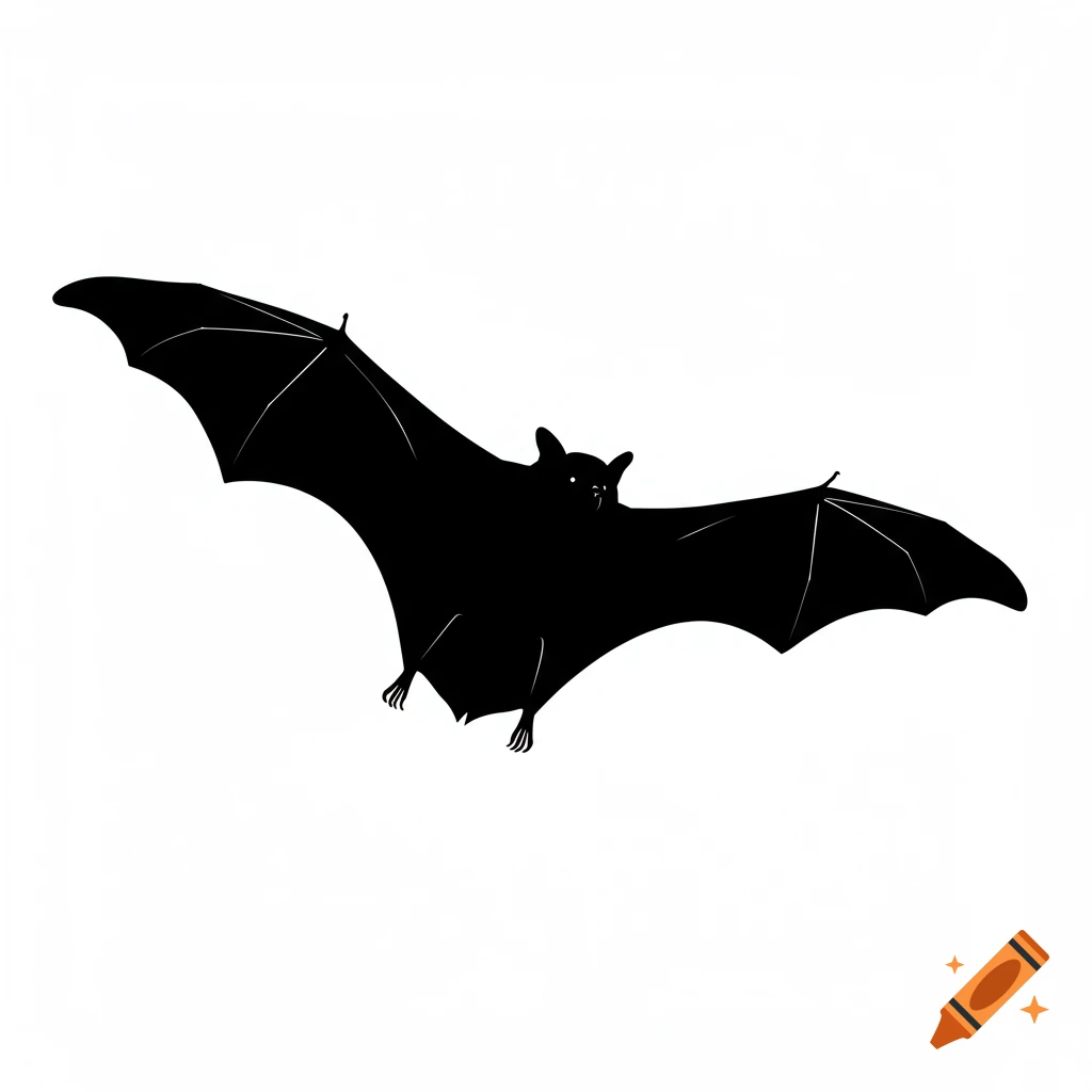A black bat silhouette with outstretched wings against a white background.