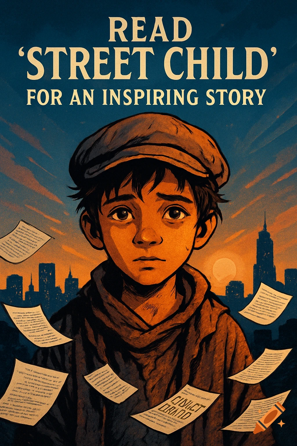 An illustrated poster shows a somber boy in a cap with a city skyline background and text 'READ 'STREET CHILD' FOR AN INSPIRING STORY'.