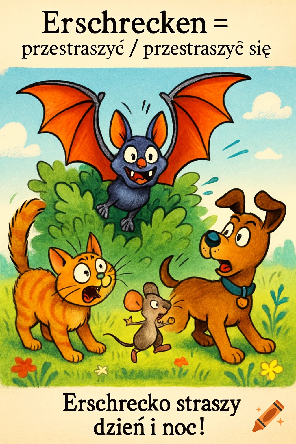 A colorful cartoon illustration of a bat named Erschrecko jumping from a bush, startling a cat, dog, and mouse. Text in German and Polish about scaring.