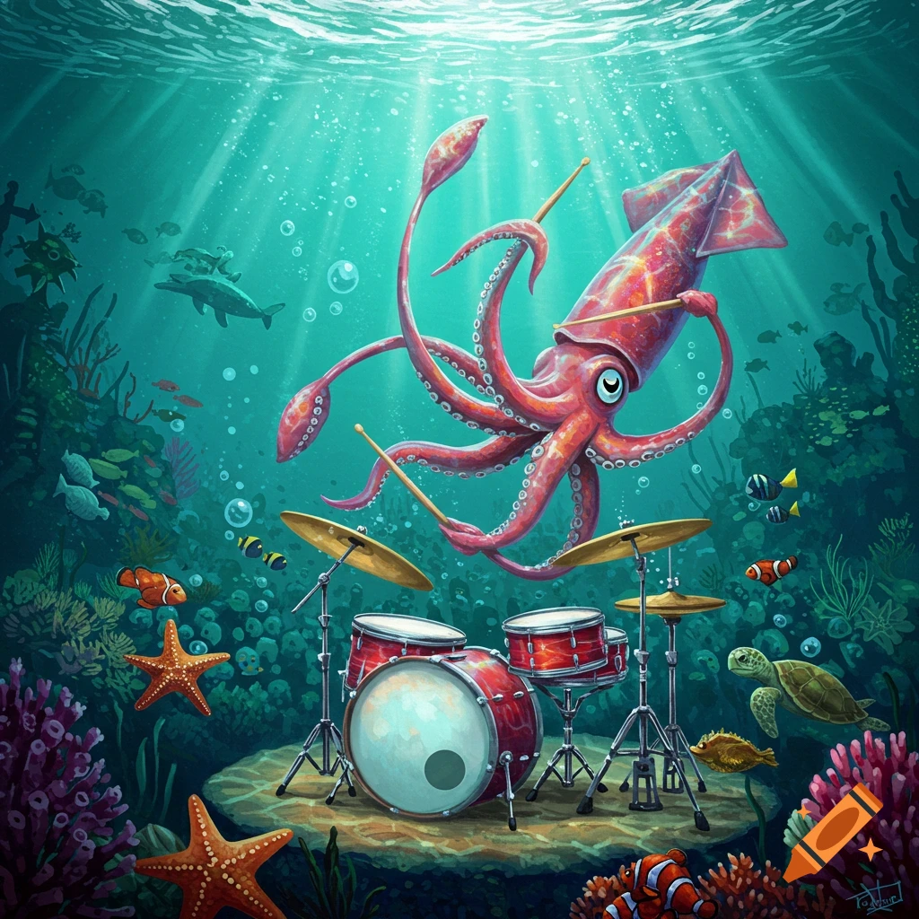 A cartoonish red squid plays a red drum kit on the sandy ocean floor surrounded by corals, fish, and a sea turtle.