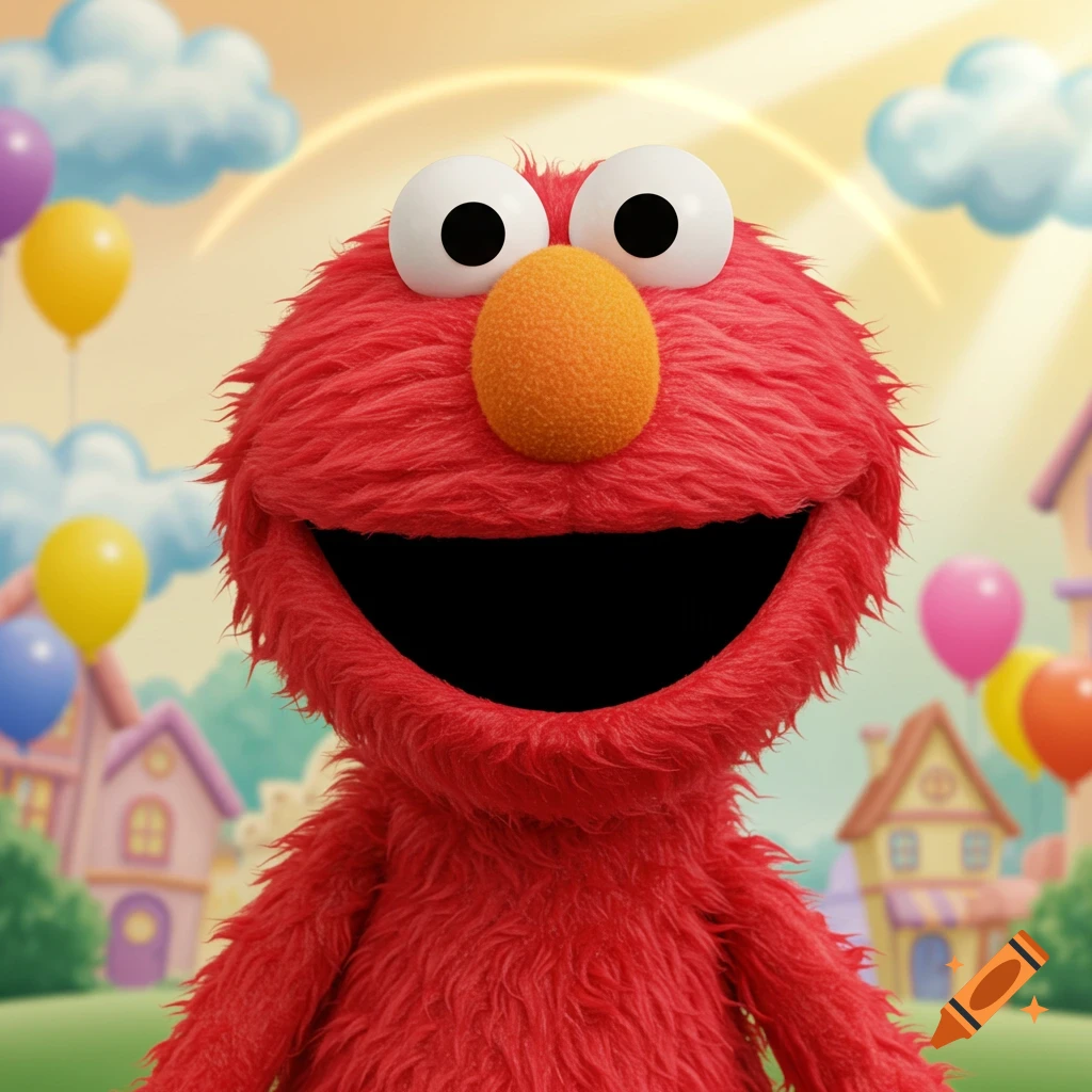 A close-up, photorealistic image of Elmo from Sesame Street, smiling with a wide open mouth and white googly eyes, against a bright, sunny, cartoonish background with houses and balloons.