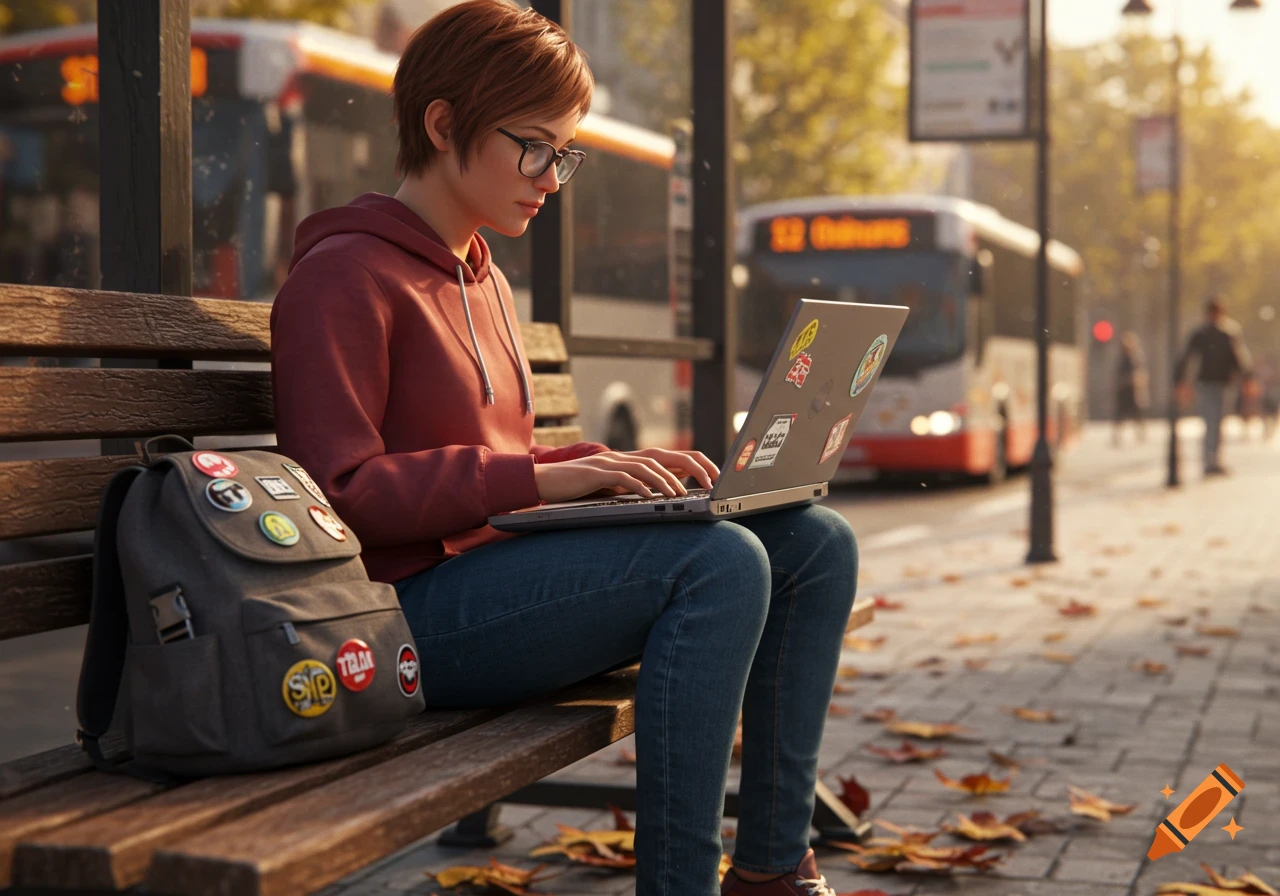 A photorealistic image of a young woman with short reddish-brown hair and glasses, sitting on a wooden bench at a bus stop, typing on a laptop. A backpack with badges sits next to her. A bus is visible in the blurred background.