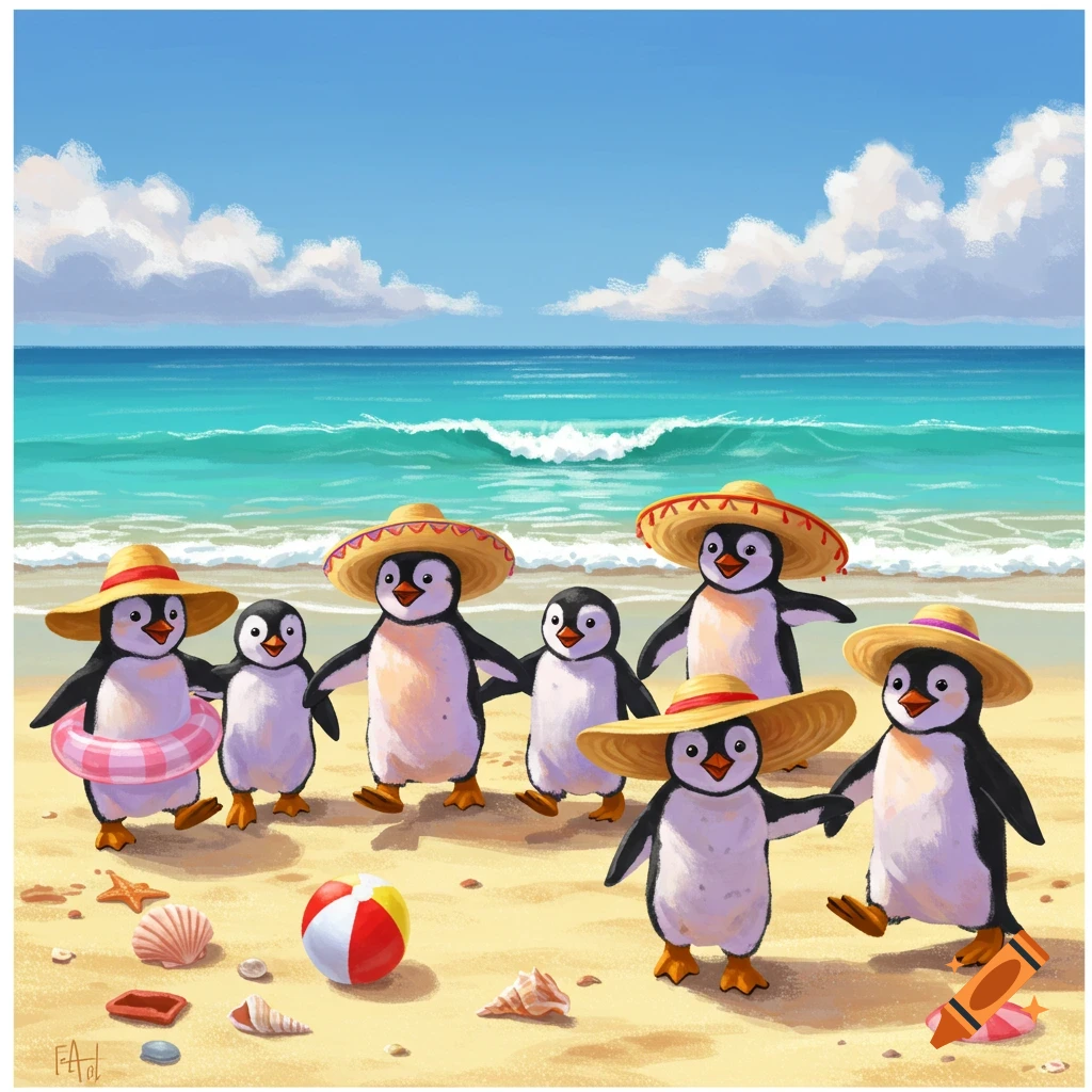 A group of happy cartoon penguins wearing straw hats waddling on a sunny beach, with a beach ball and seashells.