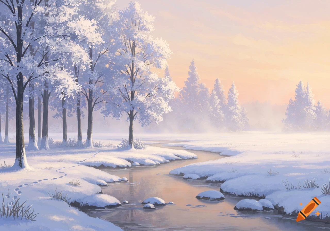 A serene winter landscape with snow-covered trees, a winding stream, and footprints under a soft, warm sky.