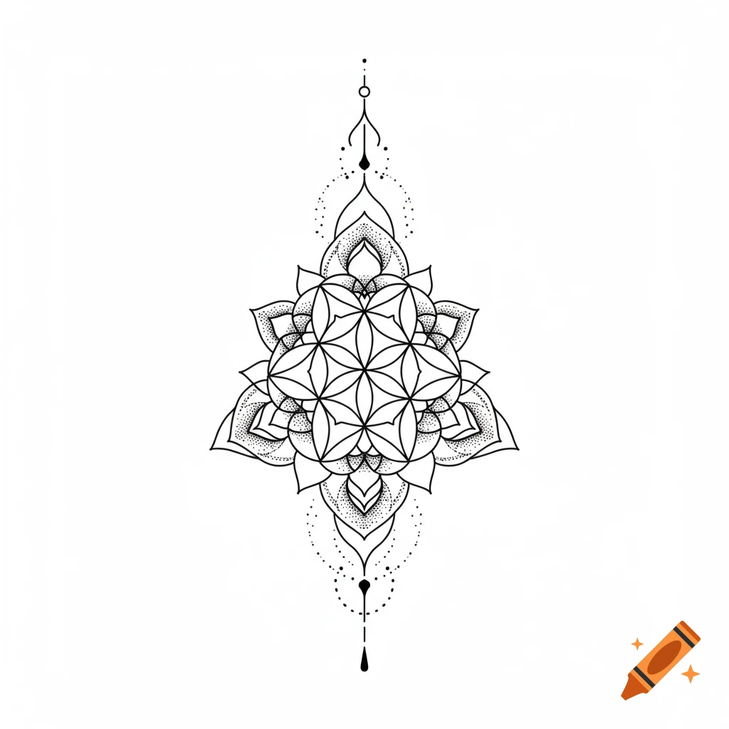 Black and white fine-line sacred geometry mandala with intricate radiating patterns.