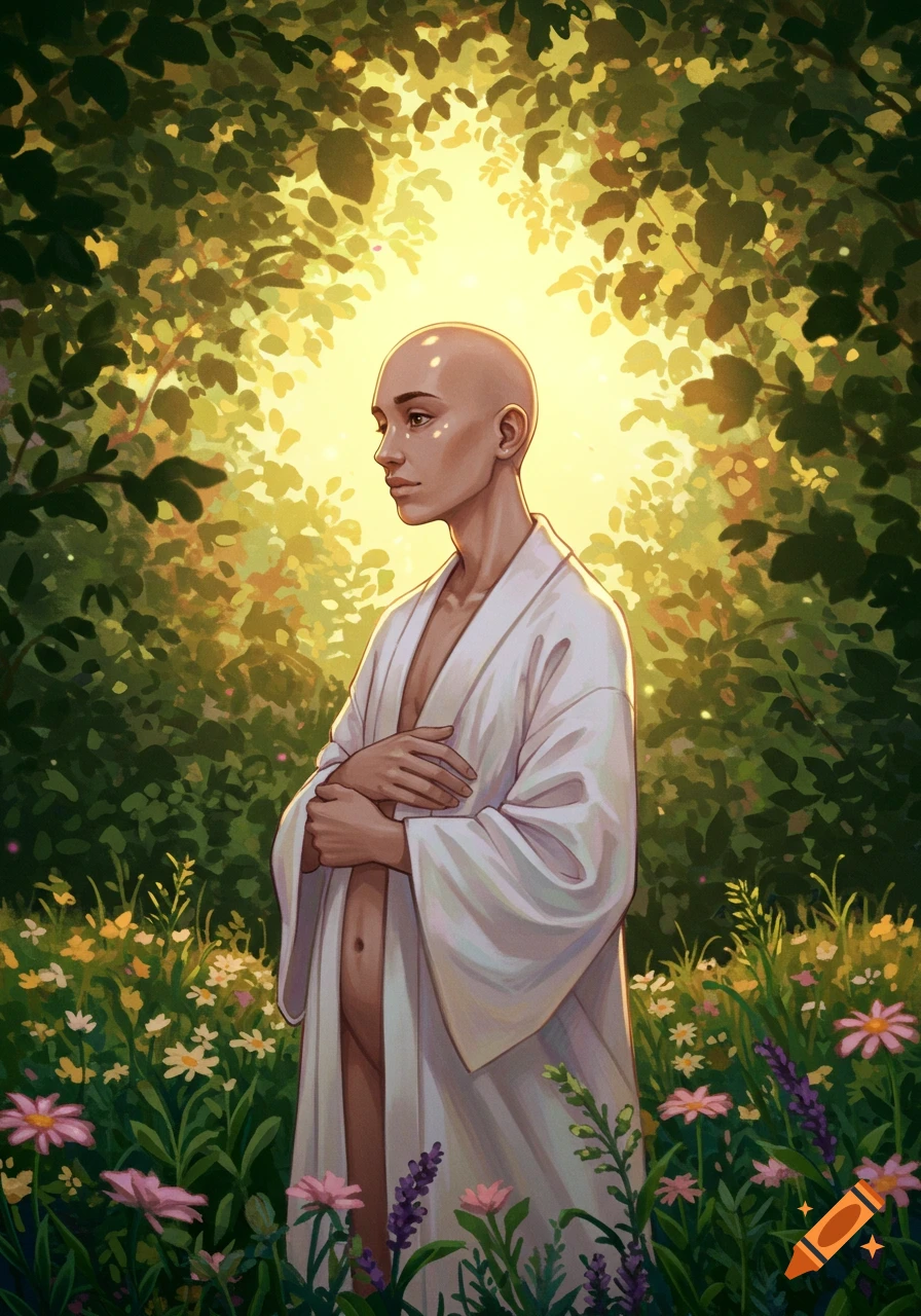 A bald, pregnant person in a white robe stands in a lush, sunlit forest with wildflowers, illustrated digitally.