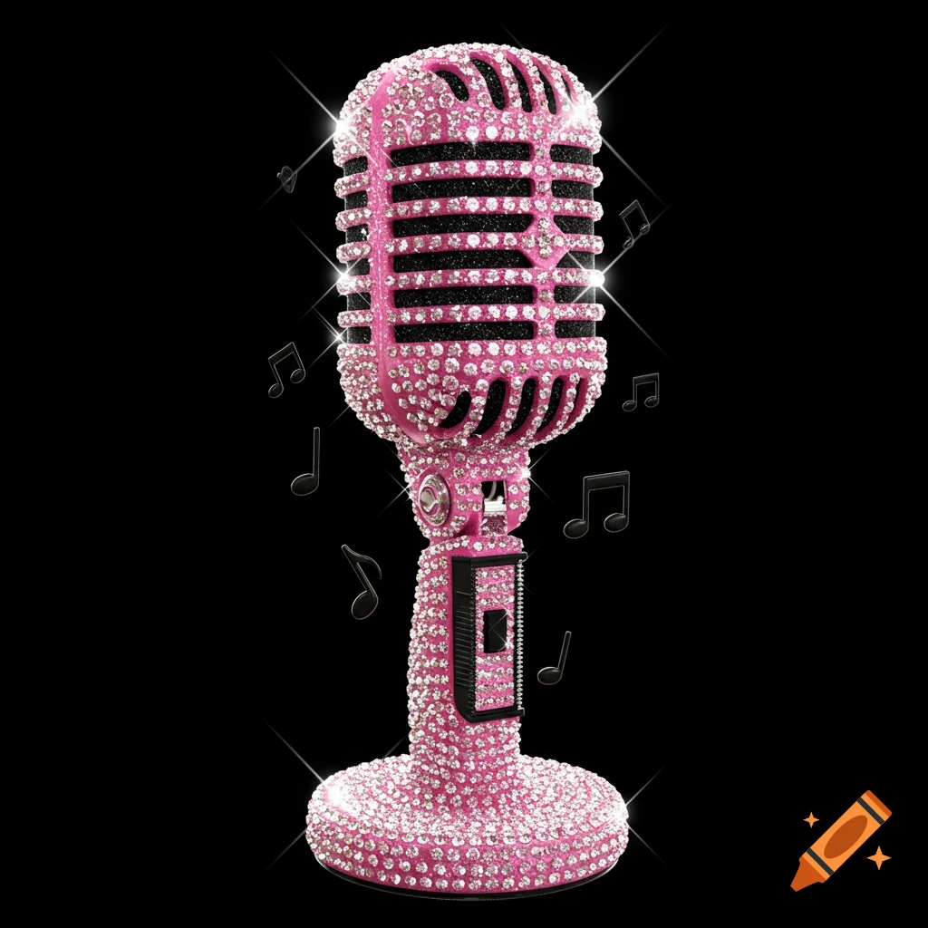 A pink and black vintage-style microphone covered in sparkling crystals, surrounded by black music notes, on a black background.